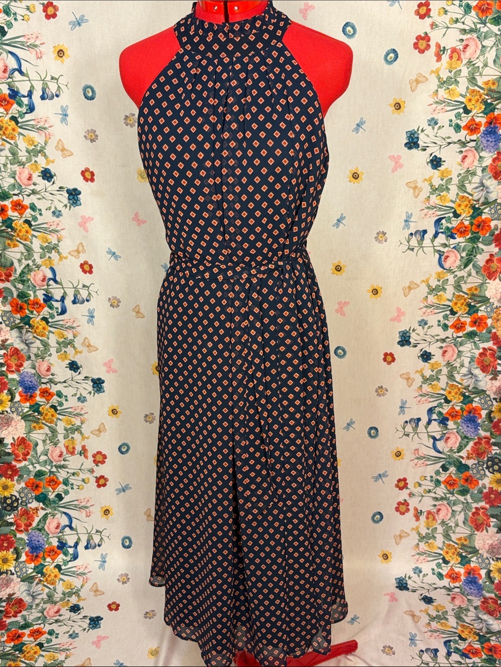 Banana Republic - Navy Sleeveless Maxi Dress with Coral Diamond Print Size M